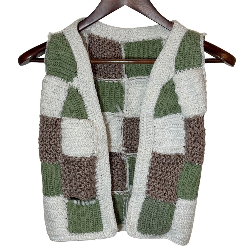Hand Knit Kids Patchwork Vest Open Front Cottagecore Green Cream Handmade - Picture 1 of 3